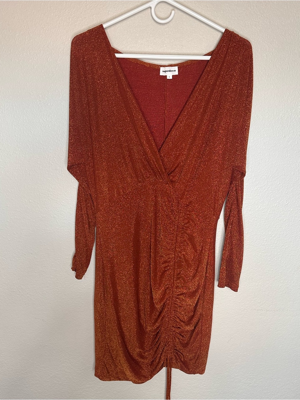 Superdown Metallic Shimmer Mocha Rust Ruched Front Long Sleeve Dress Size L